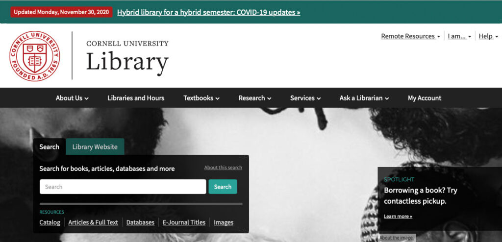 Cornell University Library website with red lockup